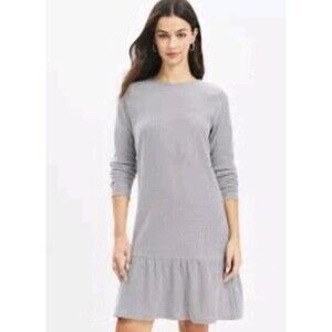 Loft Large Jacquard Flounce Swing Dress Long Sleeve Gray  Peplum Bottom EUC
